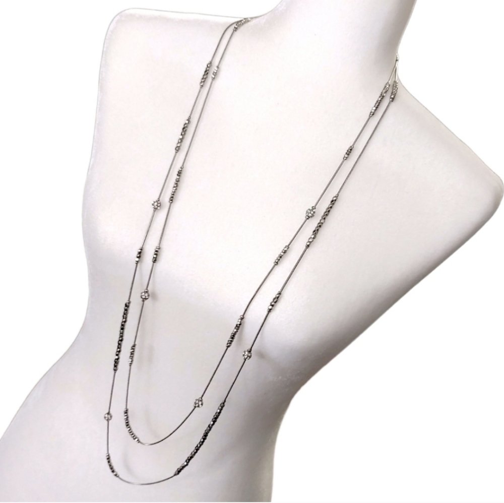 Chico's 2 Tier Silver Rhinestone Beaded Long Statement Necklace